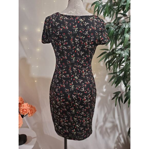 Vtg Justify Y2K Ditsy Dark Floral Ribbed Square Neck Bow Dress L Whimsigoth 90s - Picture 5 of 14